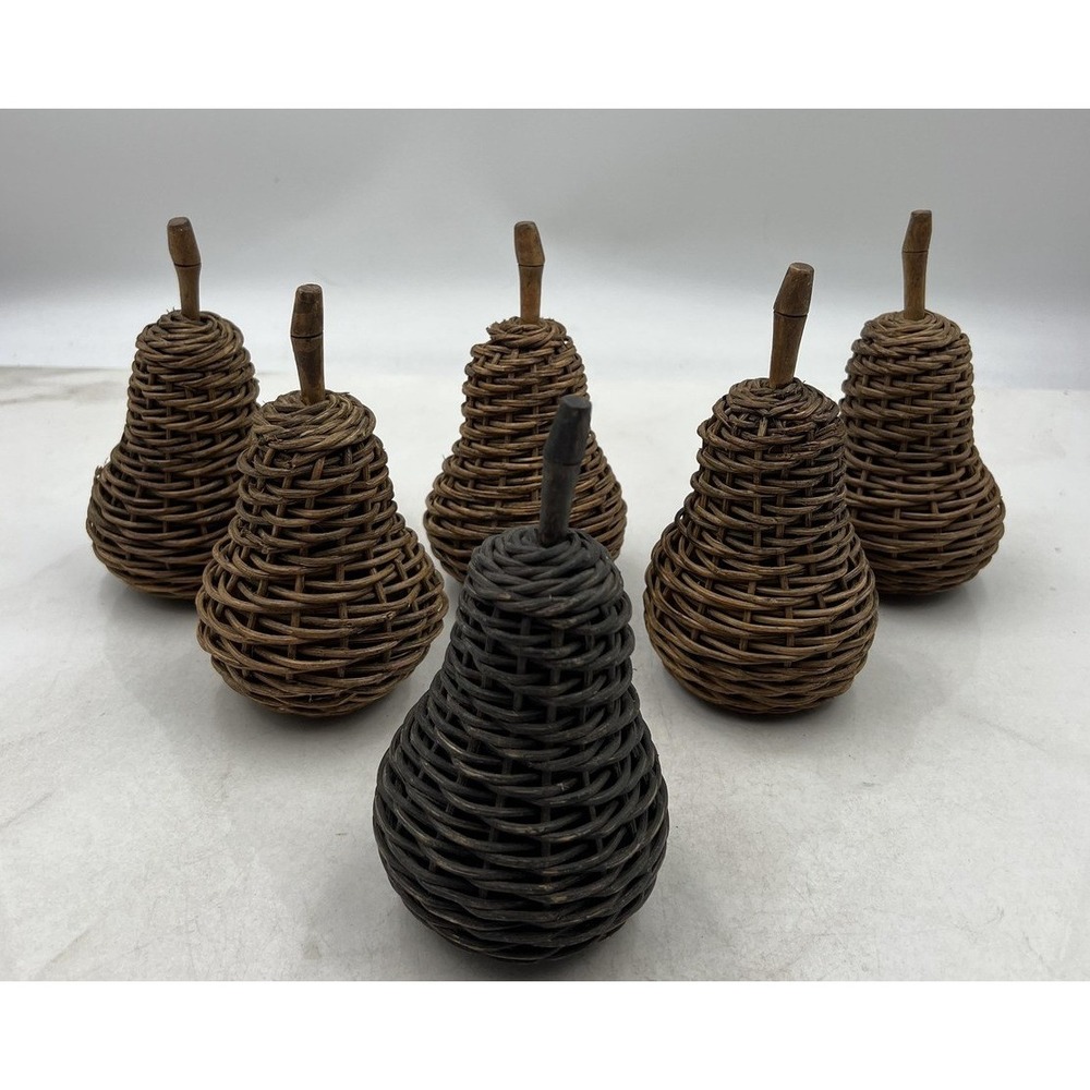 Vintage Woven Wicker Rattan Decorative Pears Set of 6 Brown Farmhouse Rustic